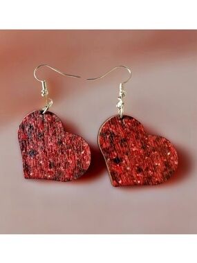 ⭐️ 5 for $25 Wooden Heart-Shaped Red Earrings with Silver Tone Hoops